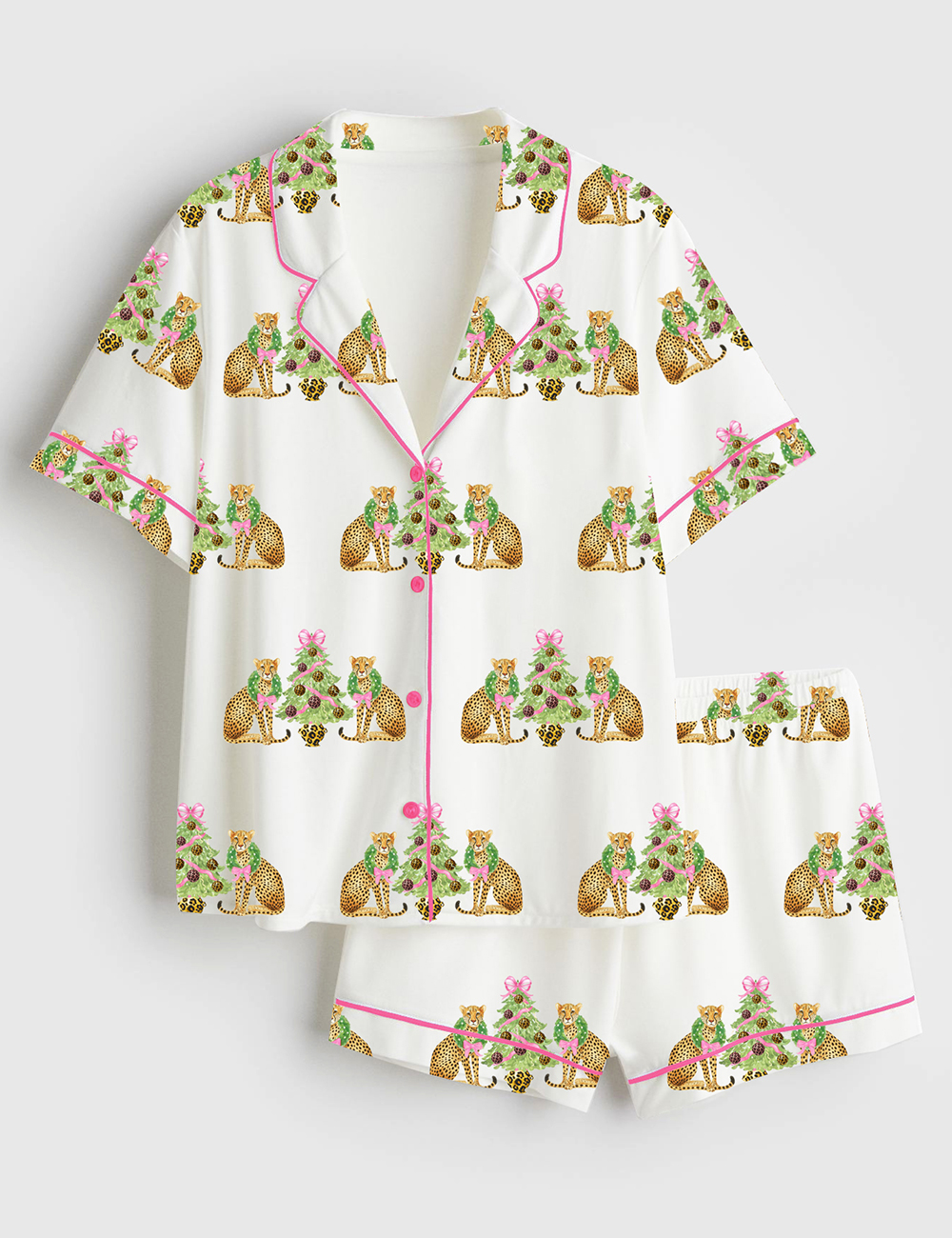 Women's Watercolor Leopard Cheetah Pink Preppy Christmas Tree Short Sleeve Satin Pajama Set