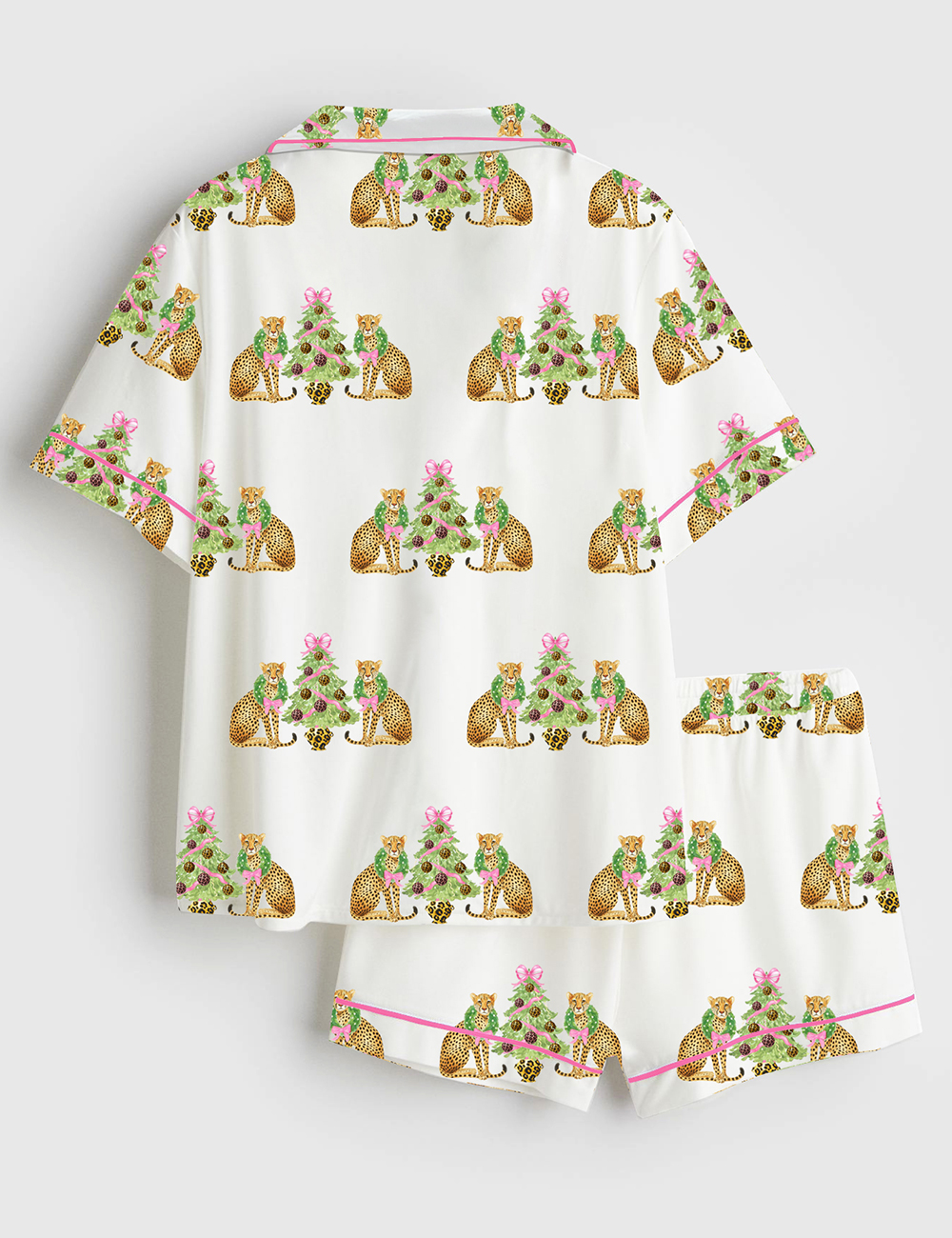 Alternative view of Women's Watercolor Leopard Cheetah Pink Preppy Christmas Tree Short Sleeve Satin Pajama Set