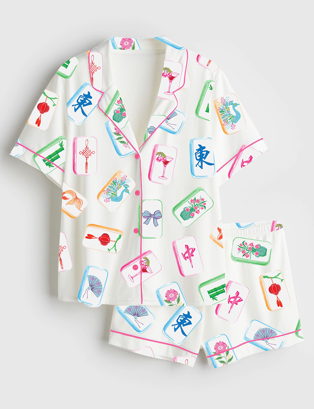 Women's Watercolor Mahjong Chinoiserie Bird Bam Queen Short Sleeve Satin Pajama Set