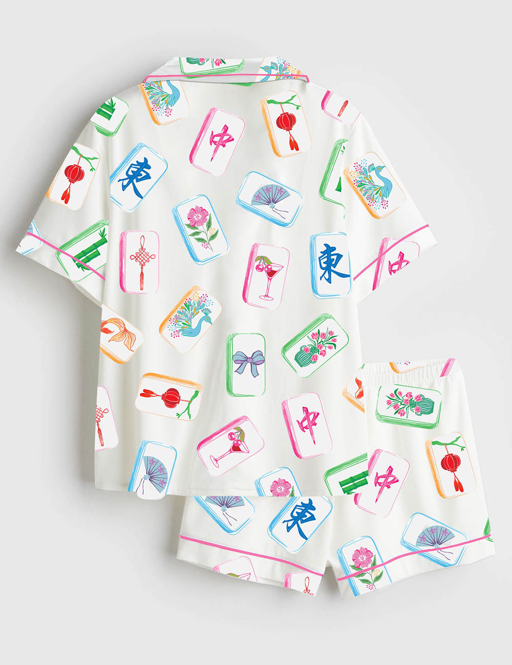 Alternative view of Women's Watercolor Mahjong Chinoiserie Bird Bam Queen Short Sleeve Satin Pajama Set