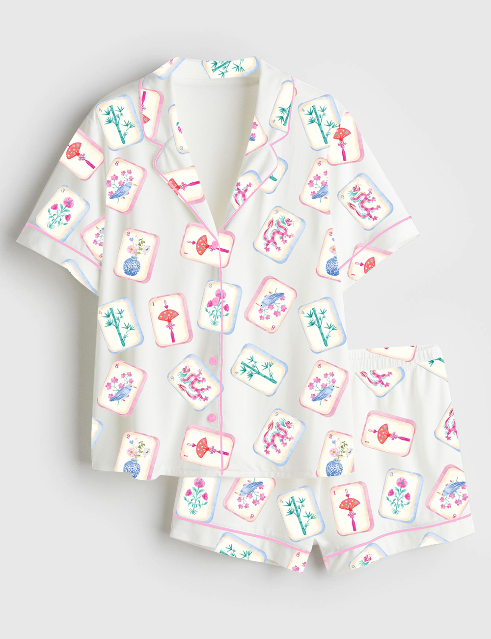 Women's Watercolor Mahjong Party Short Sleeve Satin Pajama Set