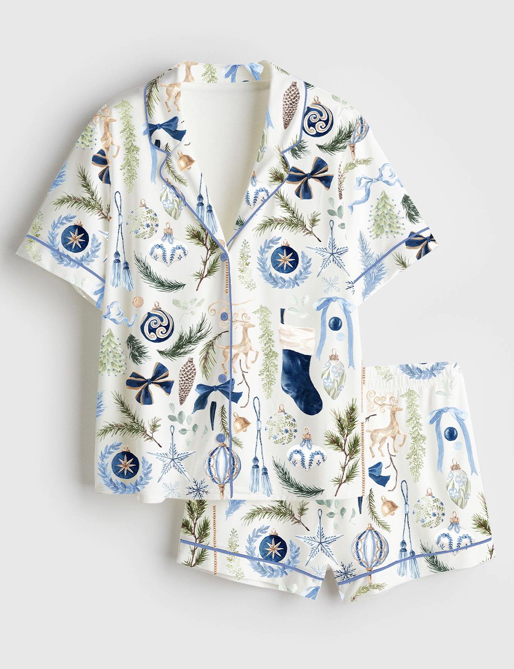 Women's Watercolor Navy Christmas Navy Gold Royal Blue Christmas Short Sleeve Satin Pajama Set