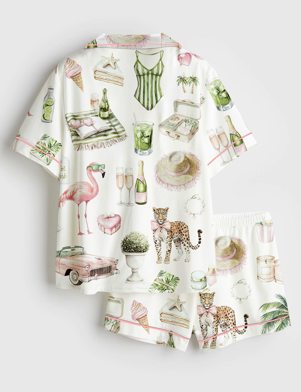 Alternative view of Women's Watercolor Palm Club Summer Miami Beach Vacation Print Short Sleeve Satin Pajama Set