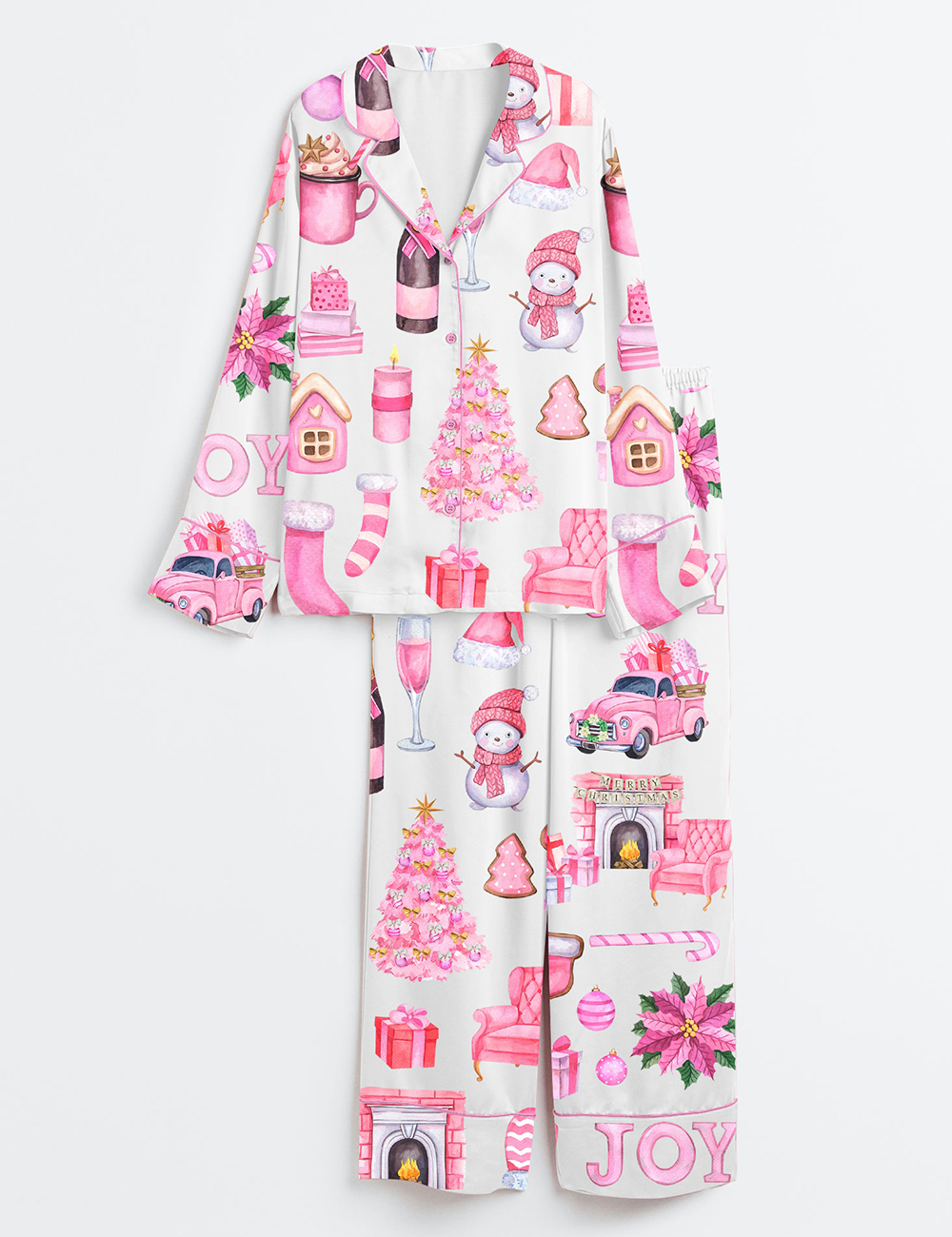 Women's Watercolor Pink Christmas Truck Tree Long Sleeve Satin Pajama Set