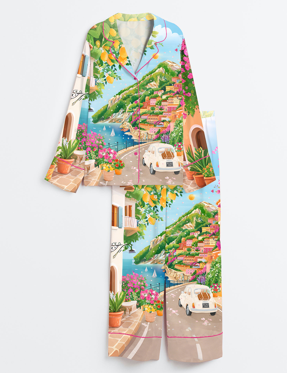 Women's Watercolor Positani On The Amalfi Coast Summer Travel Long Sleeve Satin Pajama Set