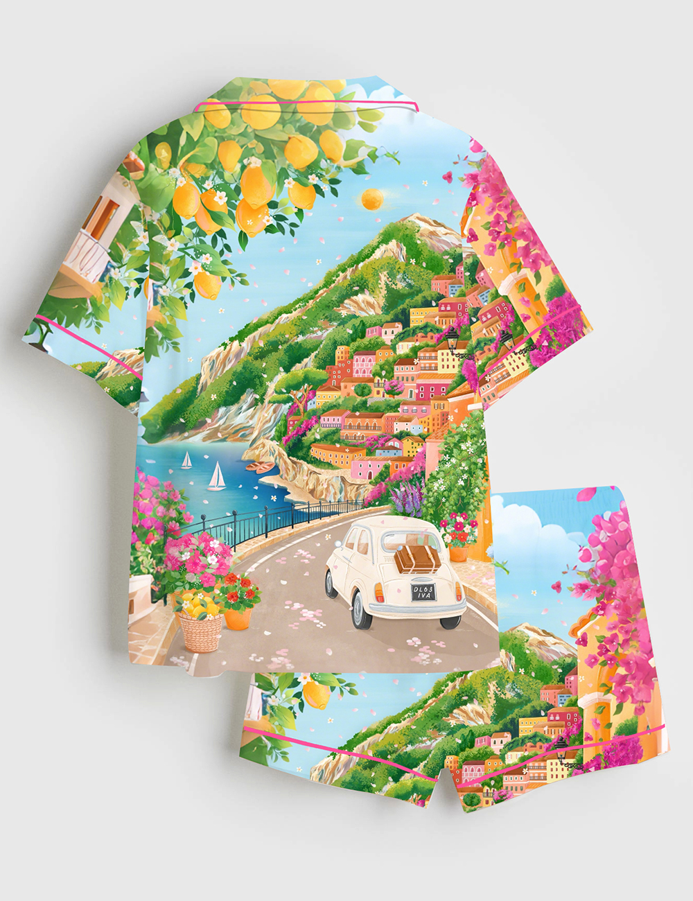 Alternative view of Women's Watercolor Positani On The Amalfi Coast Summer Travel Short Sleeve Satin Pajama Set