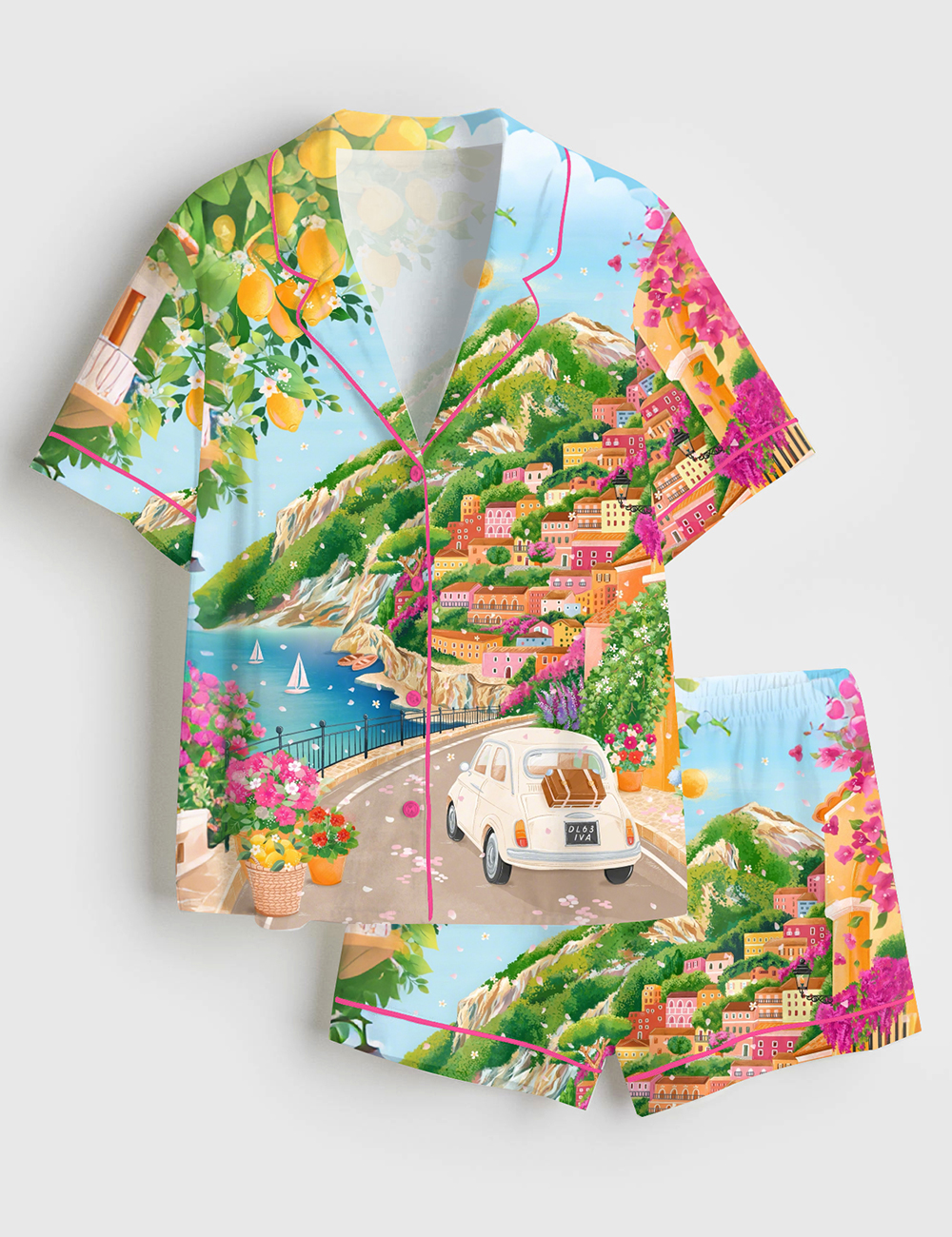 Women's Watercolor Positani On The Amalfi Coast Summer Travel Short Sleeve Satin Pajama Set
