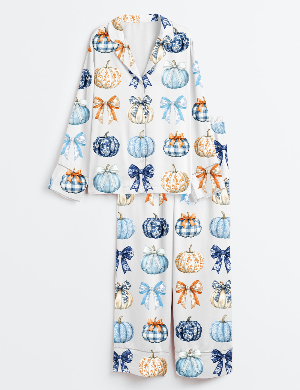 Women's Watercolor Pumpkins And Bows Clipart Blue Toile Pumpkins Fall Gingham Pumpkins Long Sleeve Satin Pajama Set