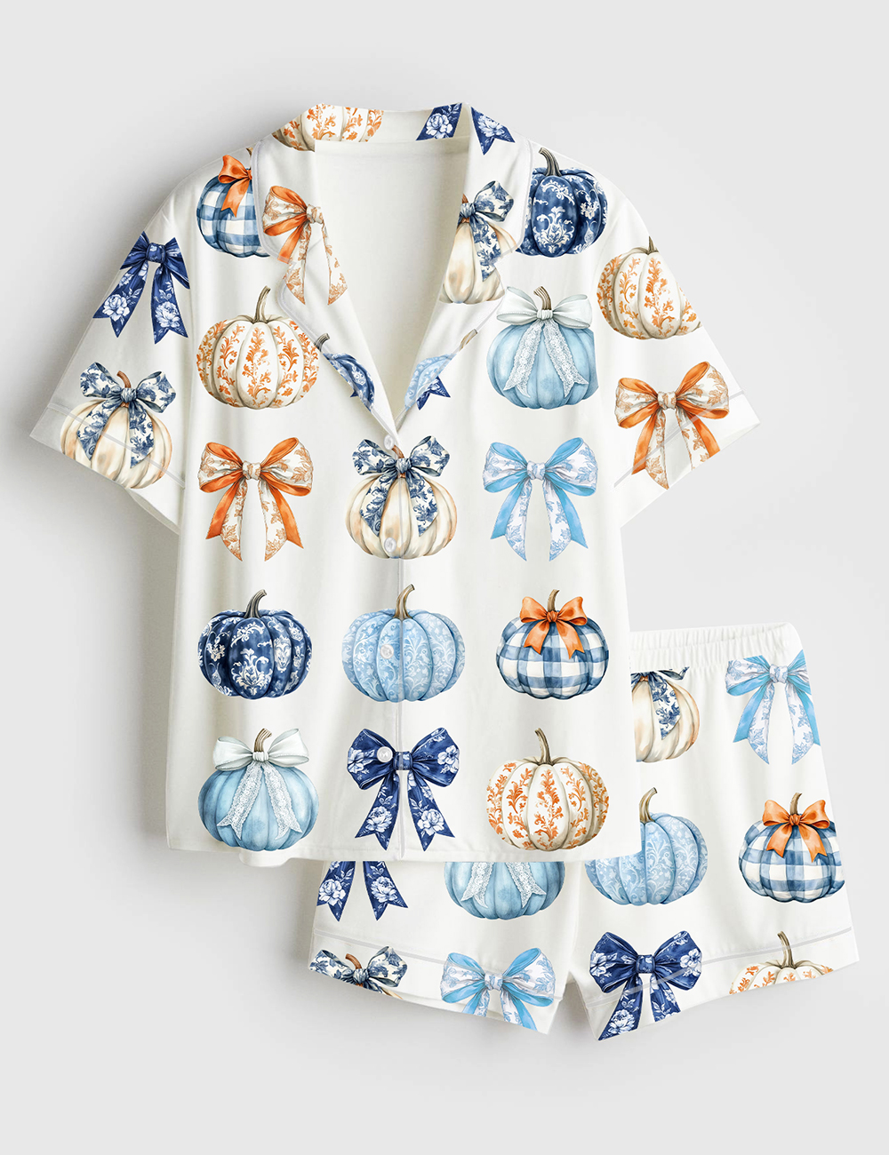 Women's Watercolor Pumpkins And Bows Clipart Blue Toile Pumpkins Fall Gingham Pumpkins Short Sleeve Satin Pajama Set