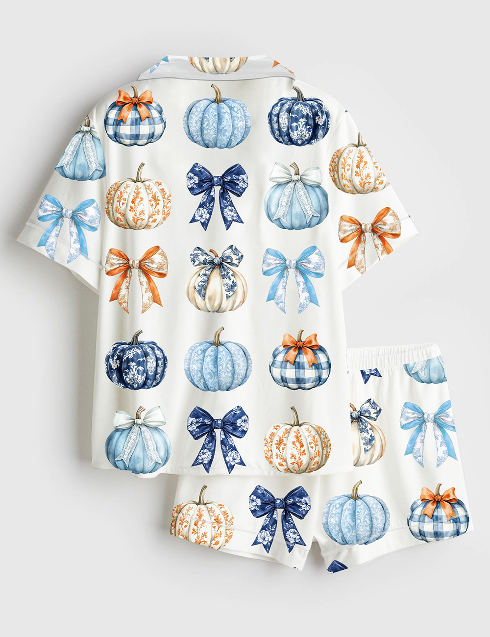 Alternative view of Women's Watercolor Pumpkins And Bows Clipart Blue Toile Pumpkins Fall Gingham Pumpkins Short Sleeve Satin Pajama Set