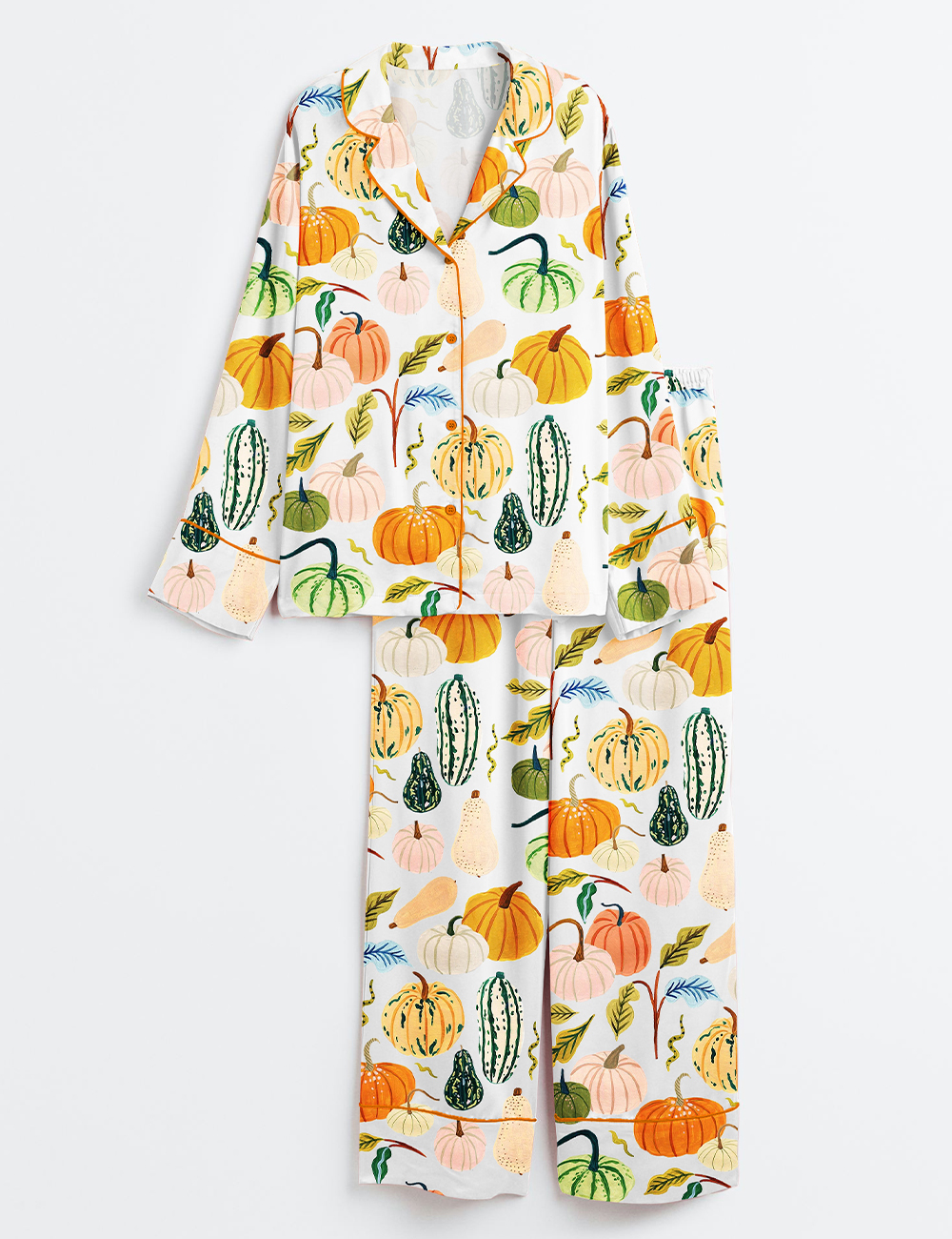 Women's Watercolor Pumpkins Fall Season Fall Leaves Girl Pumpkin Spice Autumn Pumpkin Halloween Long Sleeve Satin Pajama Set