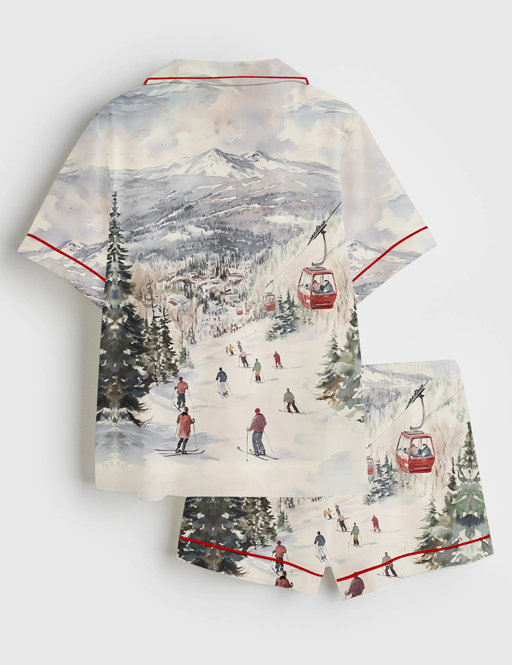 Alternative view of Women's Watercolor Ski Resort Cozy Winter Alpine Lodge Scene Short Sleeve Satin Pajama Set