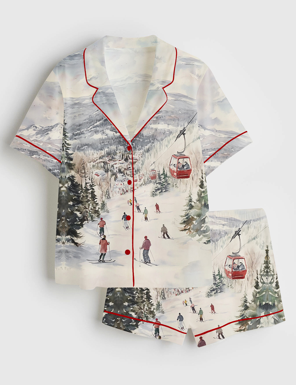 Women's Watercolor Ski Resort Cozy Winter Alpine Lodge Scene Short Sleeve Satin Pajama Set