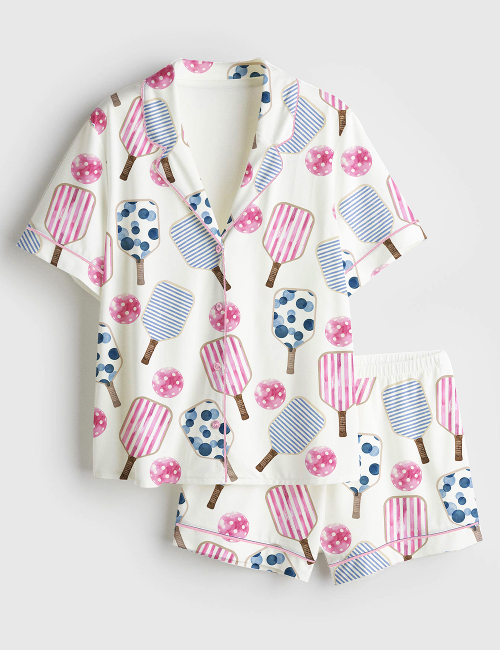 Women's Watercolor Stripes Pink And Blue Pickleball Paddle And Ball Short Sleeve Satin Pajama Set