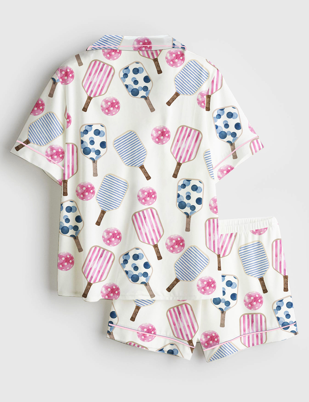 Alternative view of Women's Watercolor Stripes Pink And Blue Pickleball Paddle And Ball Short Sleeve Satin Pajama Set