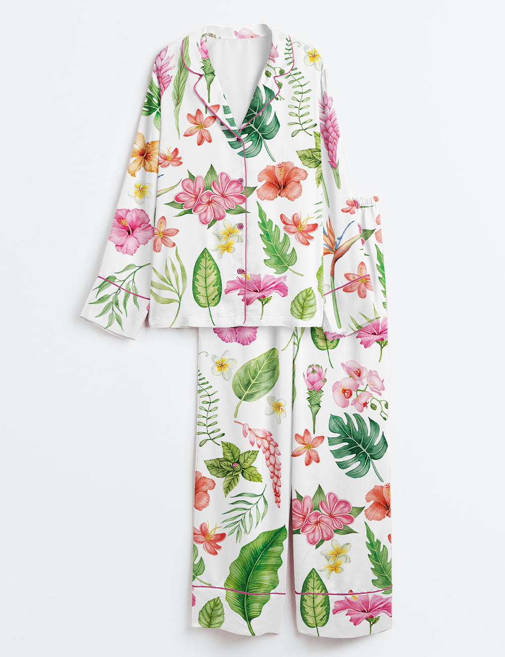 Women's Watercolor Tropical Flowers And Leaves Hawaii Wedding Long Sleeve Satin Pajama Set