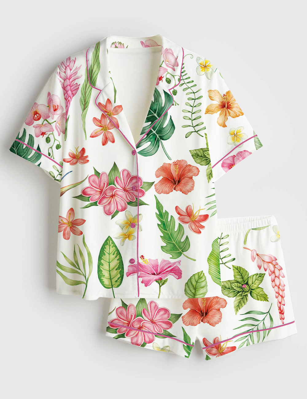Women's Watercolor Tropical Flowers And Leaves Hawaii Wedding Short Sleeve Satin Pajama Set