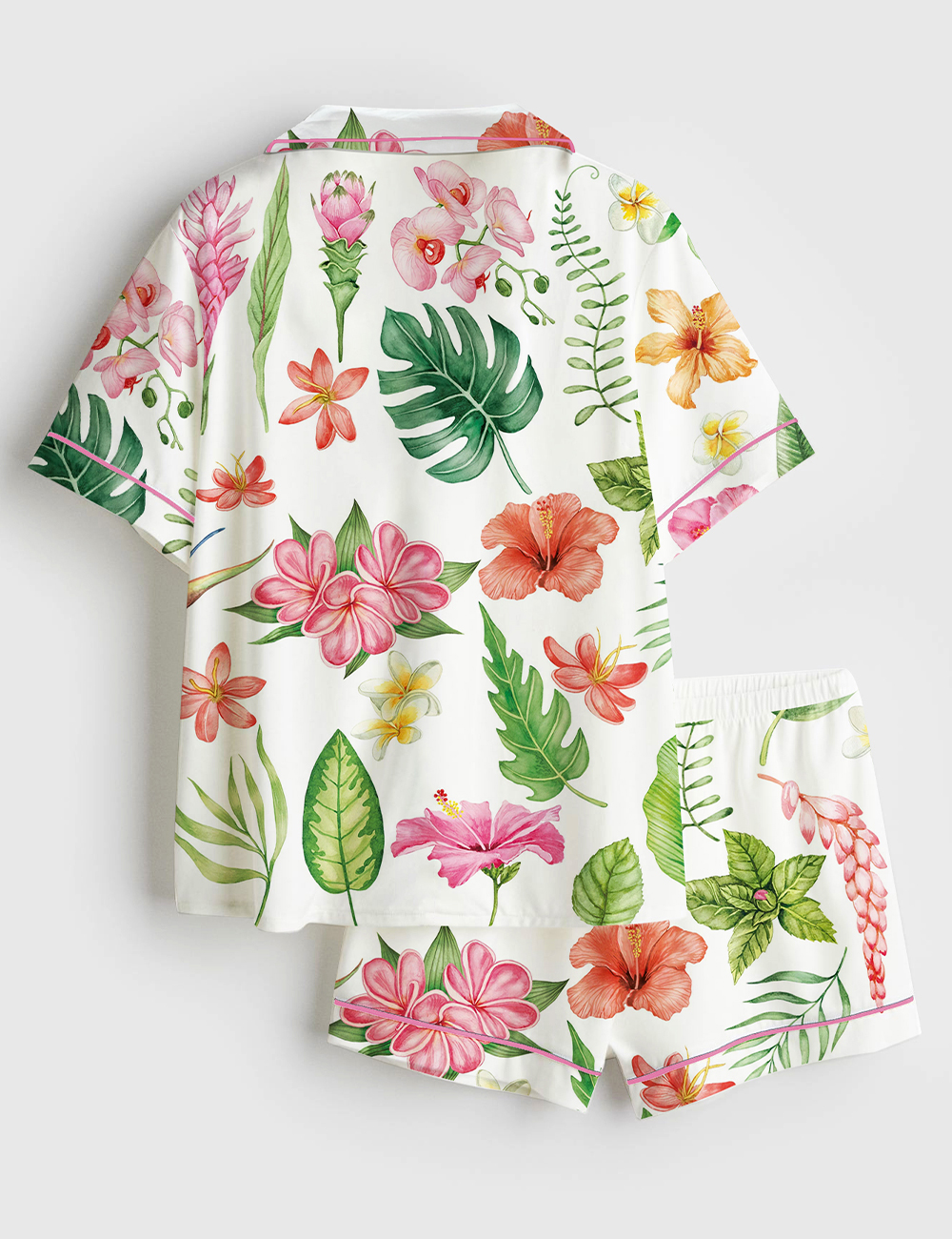 Alternative view of Women's Watercolor Tropical Flowers And Leaves Hawaii Wedding Short Sleeve Satin Pajama Set