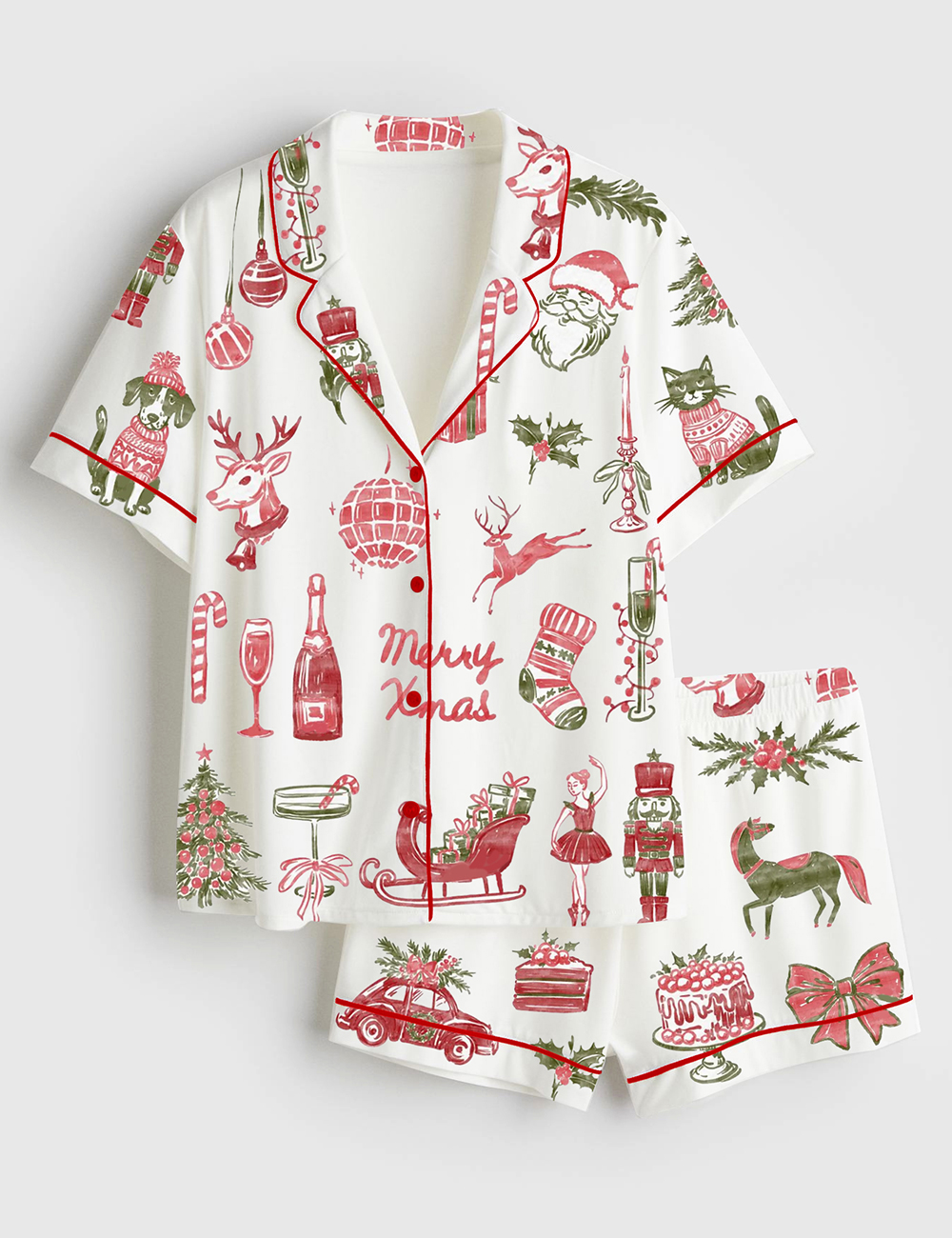 Women's Watercolor Vintage Christmas Hand Drawn Holiday Cocktails Short Sleeve Satin Pajama Set