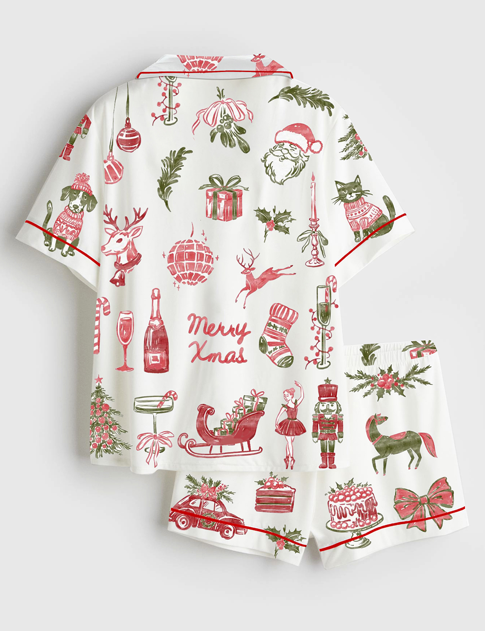 Alternative view of Women's Watercolor Vintage Christmas Hand Drawn Holiday Cocktails Short Sleeve Satin Pajama Set