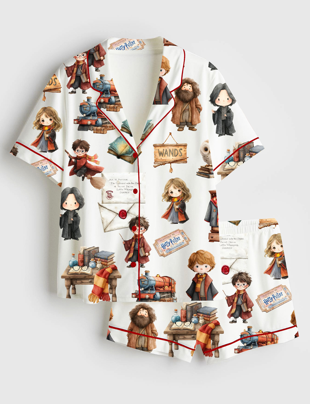 Women's Watercolour Wizard School Owl Wand Book Magic Potion Short Sleeve Satin Pajama Set