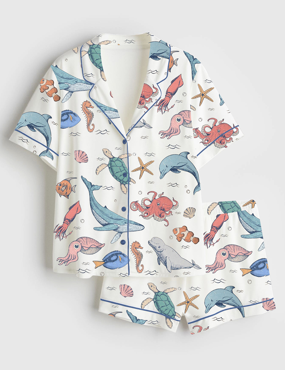 Women's We All Swim Together Ocean Animal Underwater Turtle Short Sleeve Satin Pajama Set