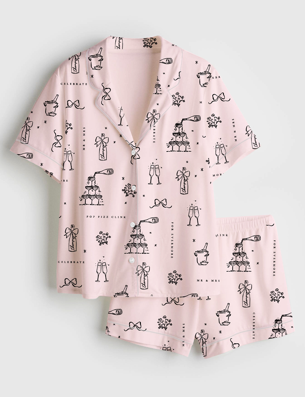 Women's Wedding Bridal And Champagne Short Sleeve Satin Pajama Set