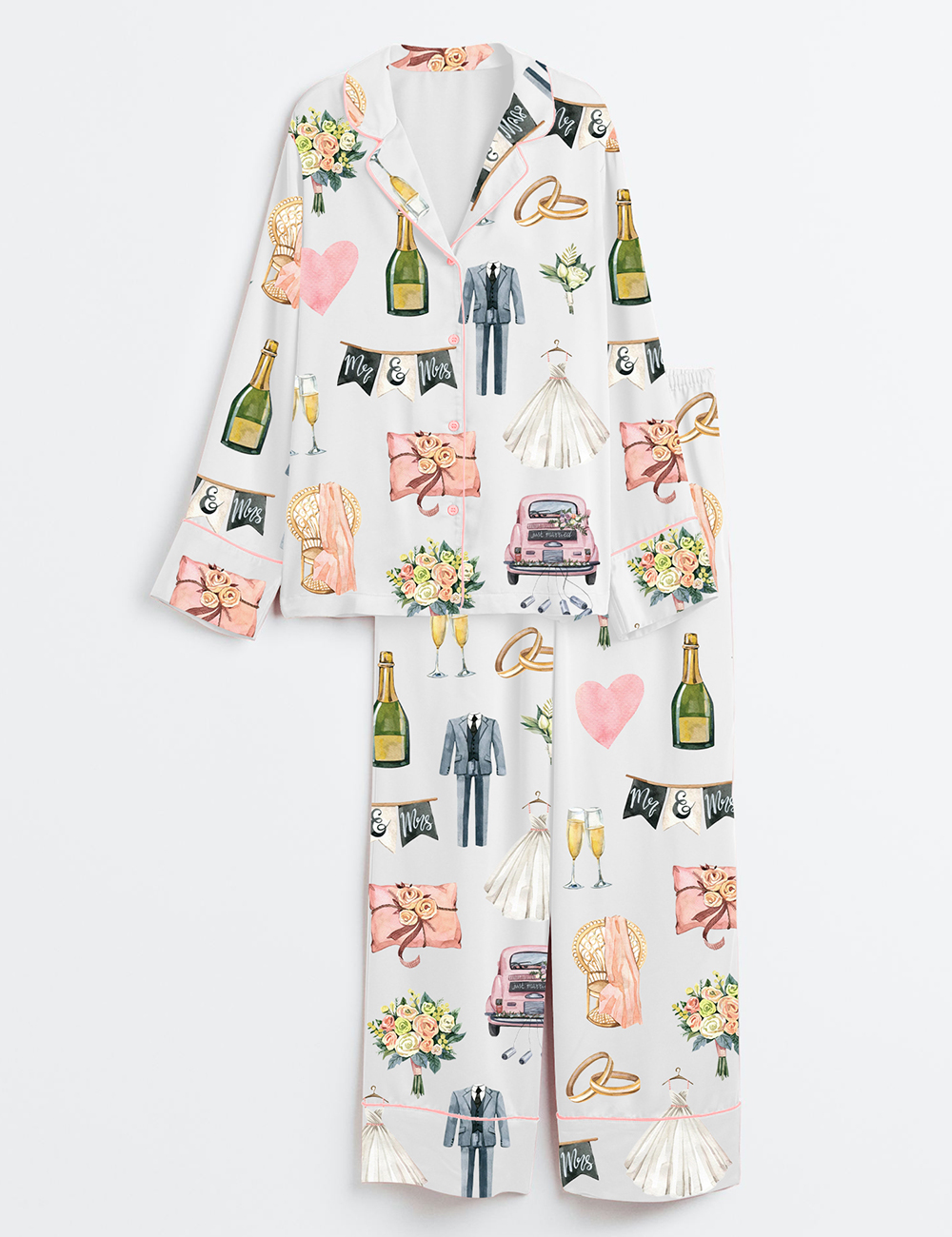 Women's Wedding Day Anniversary Long Sleeve Satin Pajama Set