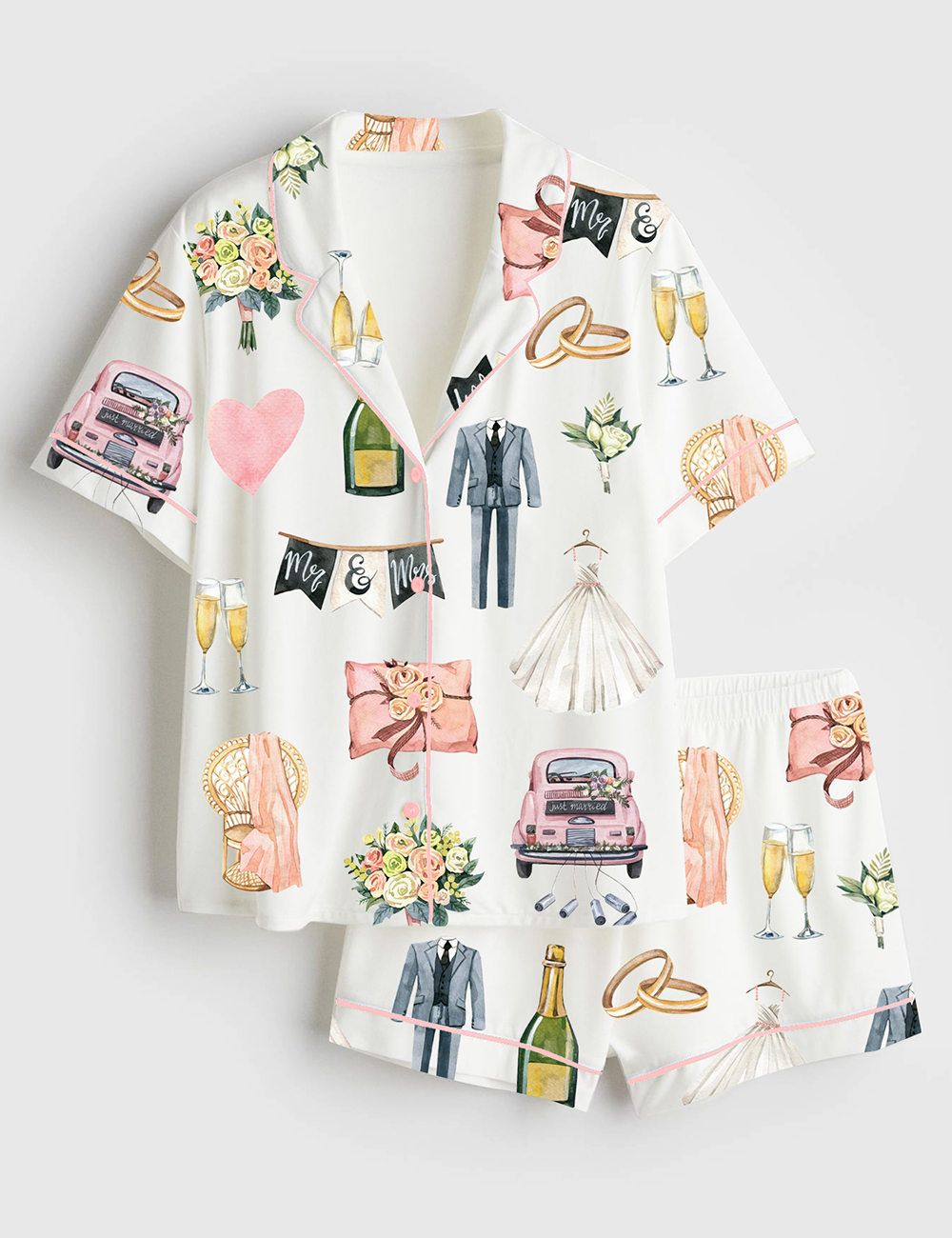 Women's Wedding Day Anniversary Short Sleeve Satin Pajama Set