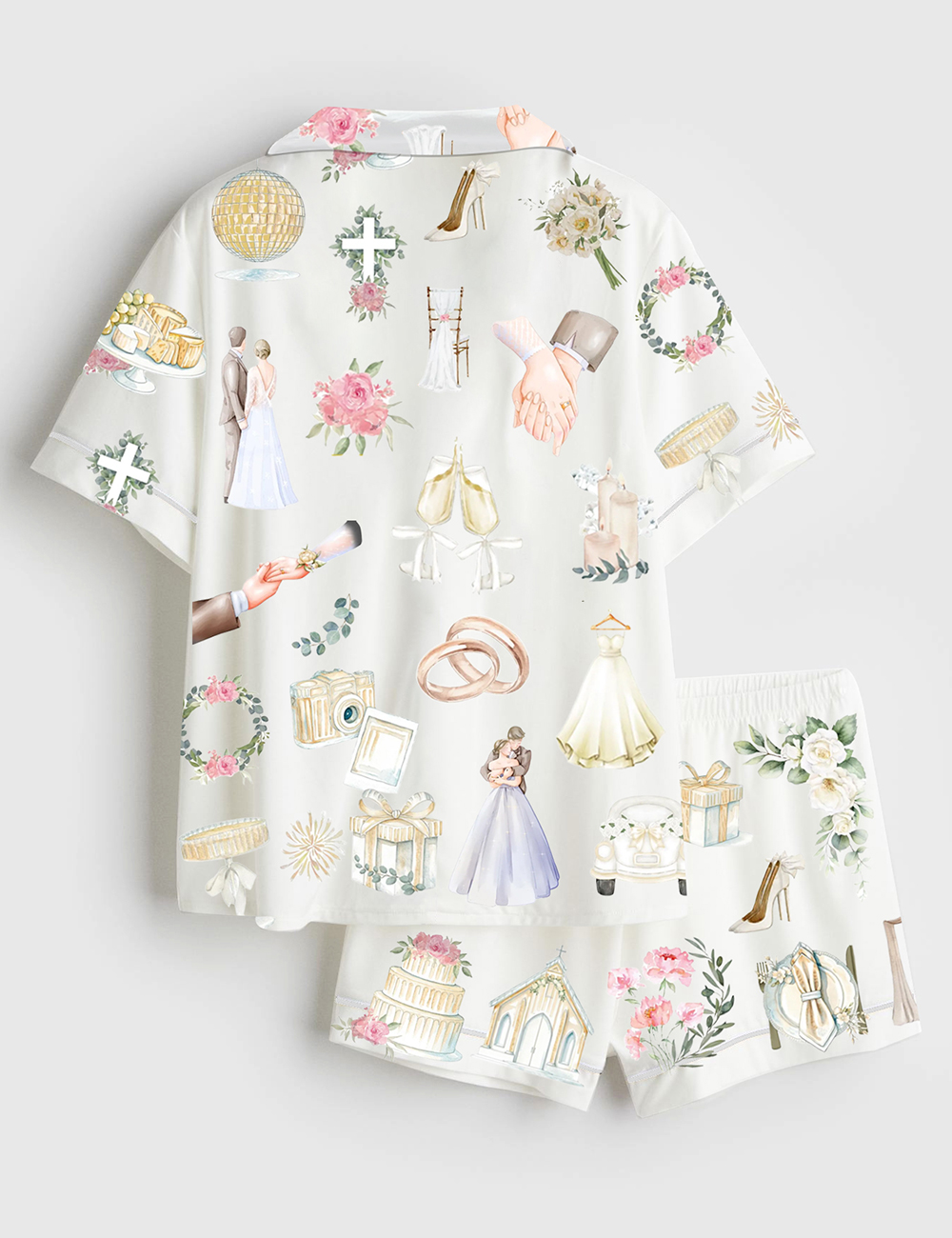 Alternative view of Women's Wedding Timeline Watercolor Wedding Bride Groom Floral Elements Summer Marriage Print Short Sleeve Satin Pajama Set