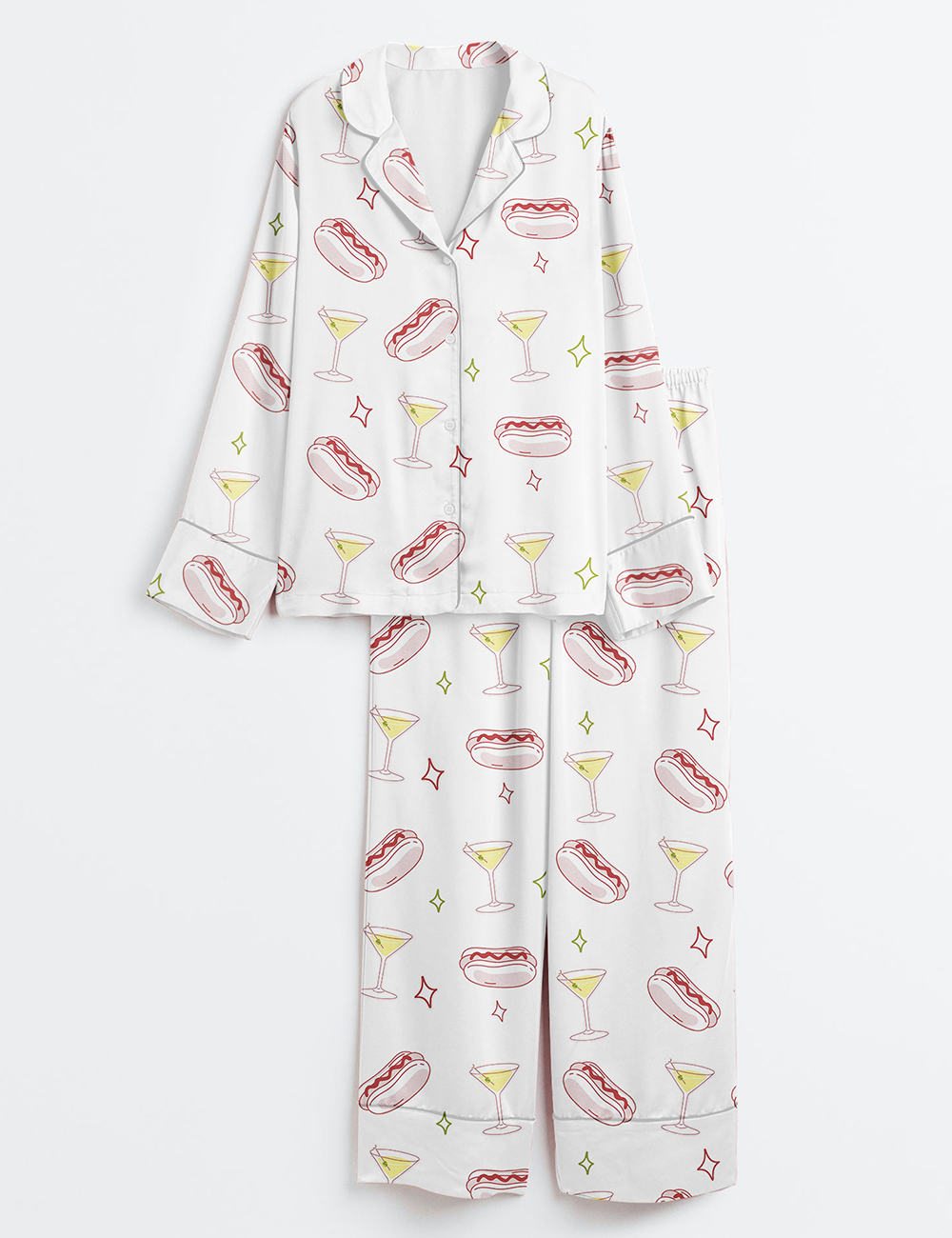 Women's Weenies And Tinis Bachelorette Hot Dogs And Martinis Print Long Sleeve Satin Pajama Set