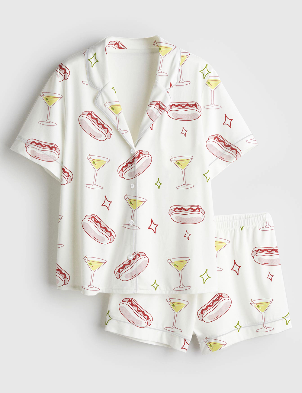 Women's Weenies And Tinis Bachelorette Hot Dogs And Martinis Print Short Sleeve Satin Pajama Set