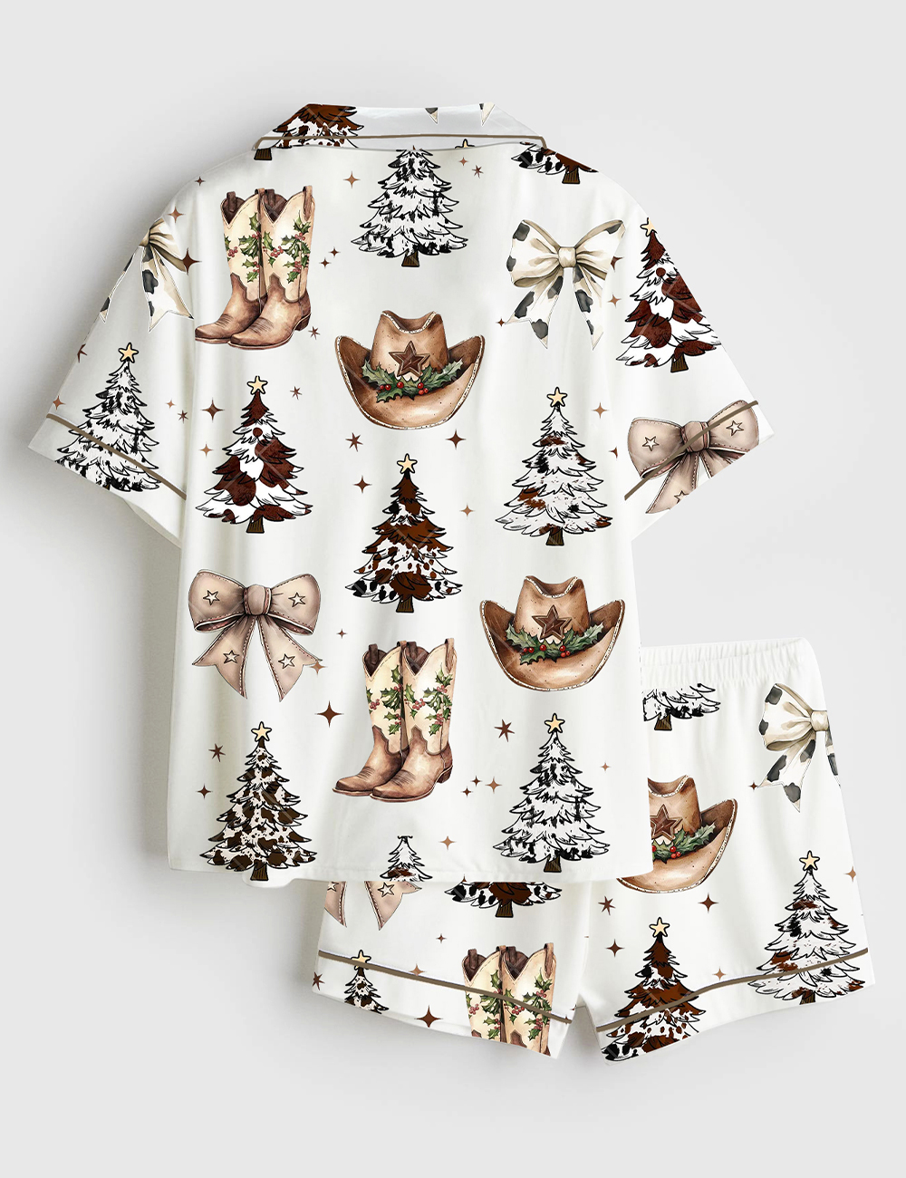 Alternative view of Women's Western Christmas Coquette Cowboy Boots Hat Christmas Trees Short Sleeve Satin Pajama Set