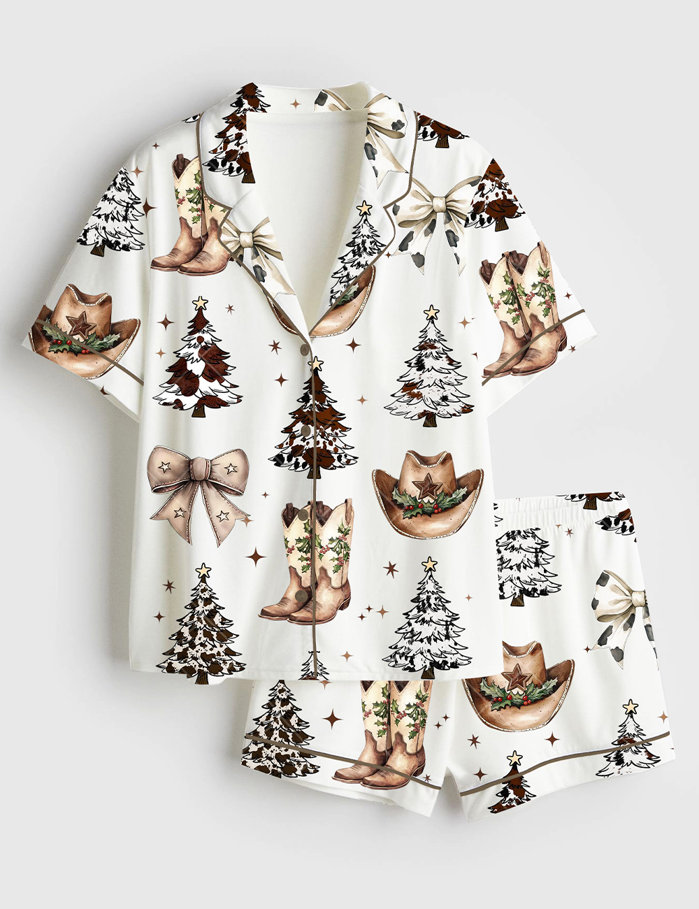 Women's Western Christmas Coquette Cowboy Boots Hat Christmas Trees Short Sleeve Satin Pajama Set