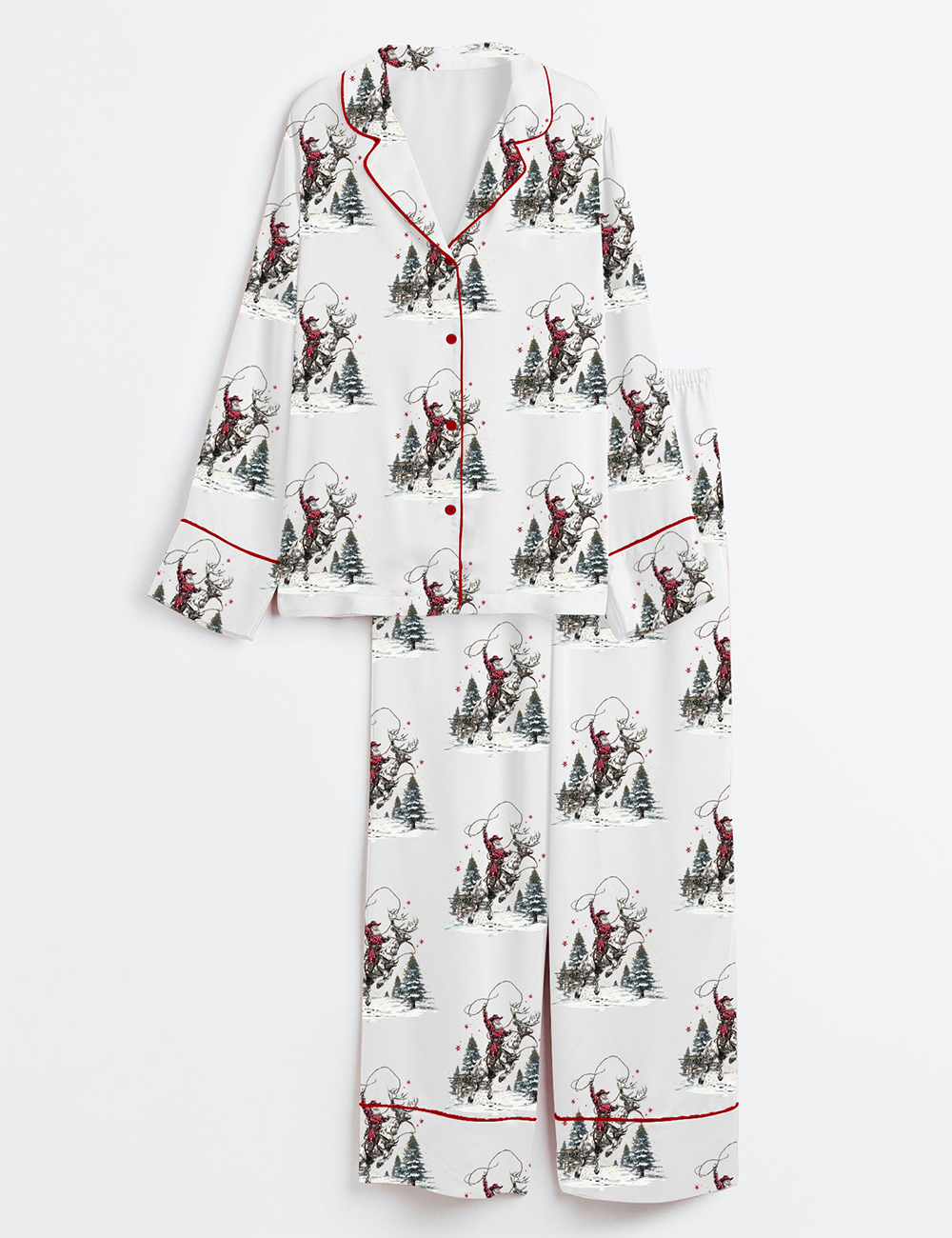Women's Western Christmas North Pole Rodeo Cowboy Santa Claus Long Sleeve Satin Pajama Set