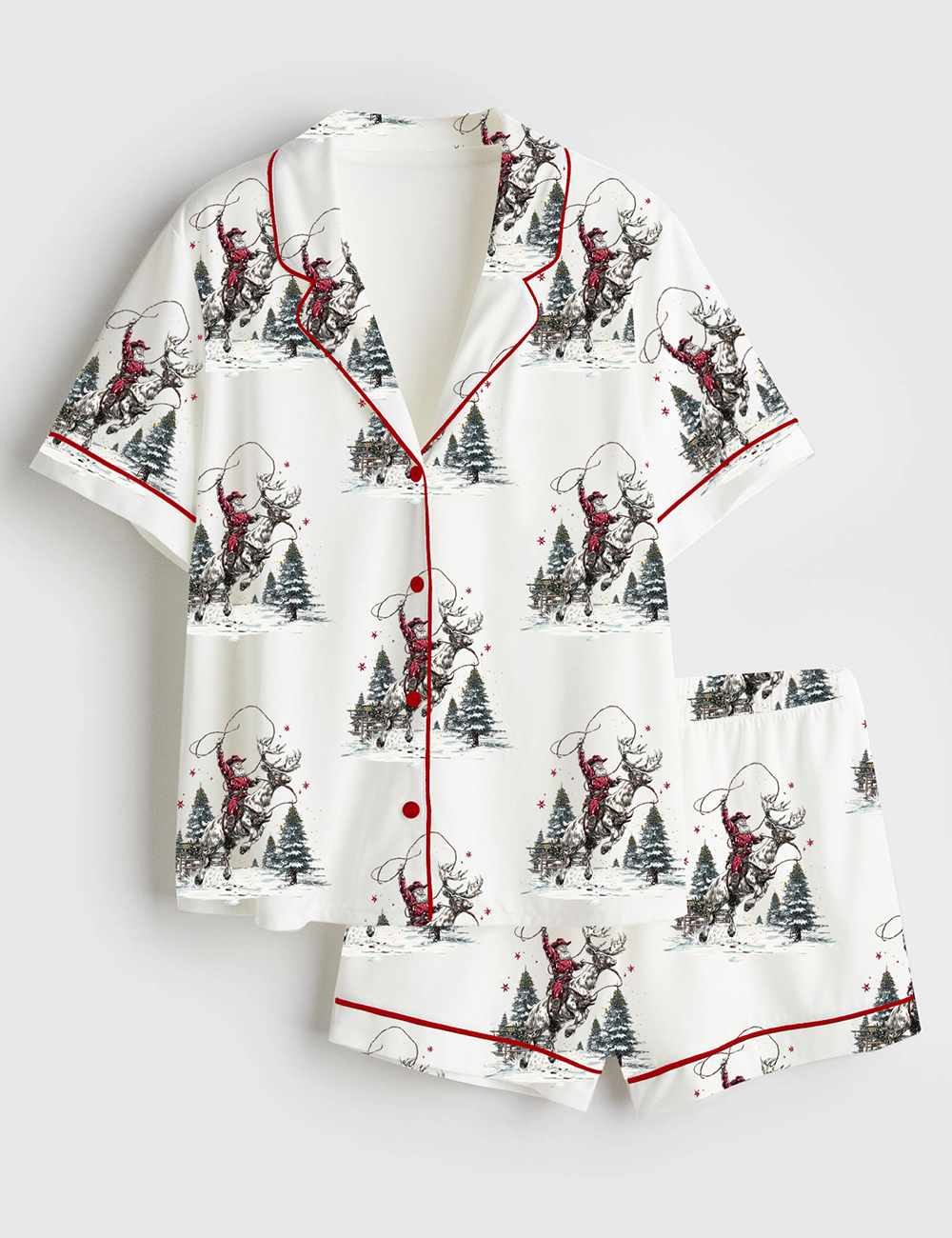 Women's Western Christmas North Pole Rodeo Cowboy Santa Claus Short Sleeve Satin Pajama Set