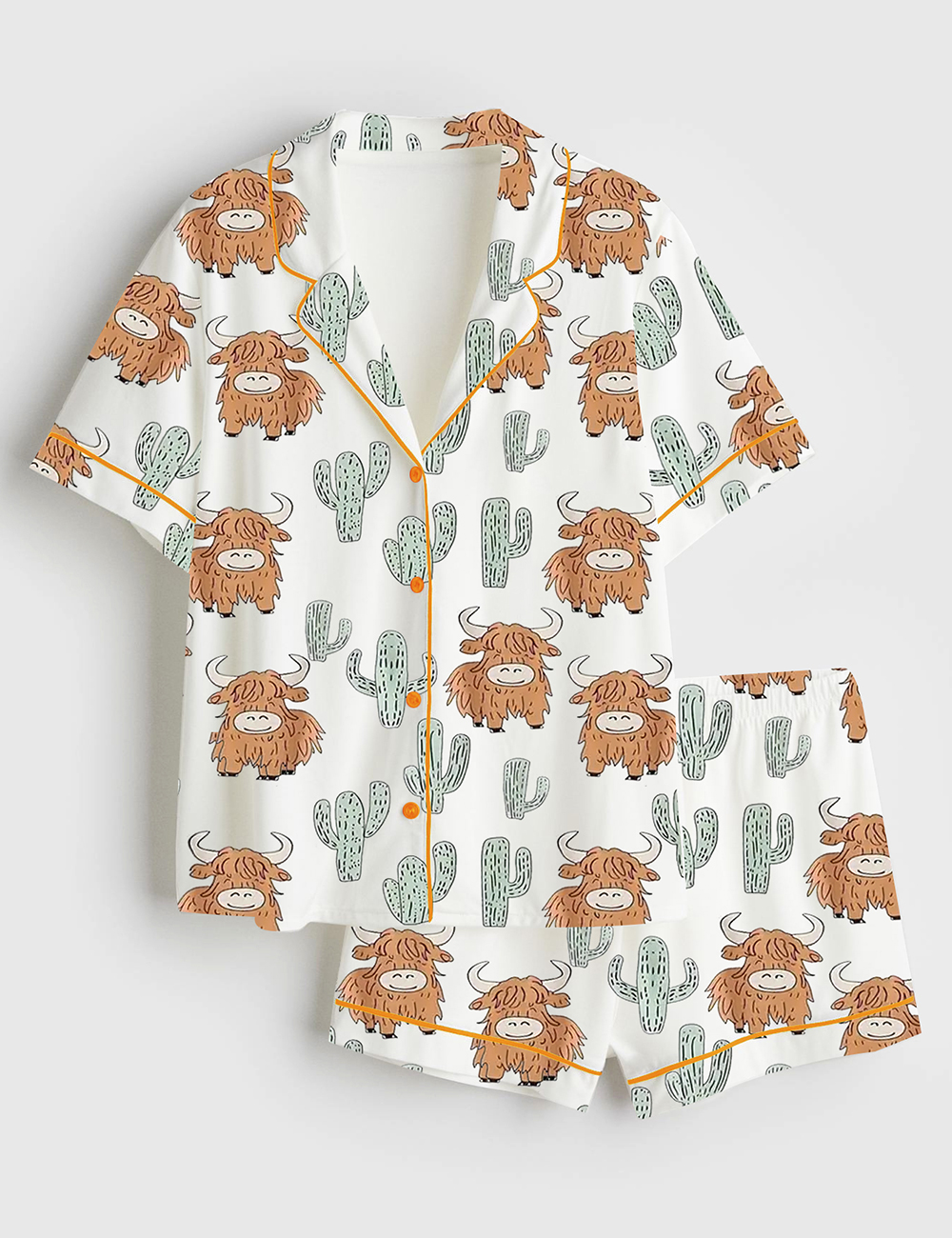 Women's Western Cow Cactus Short Sleeve Satin Pajama Set