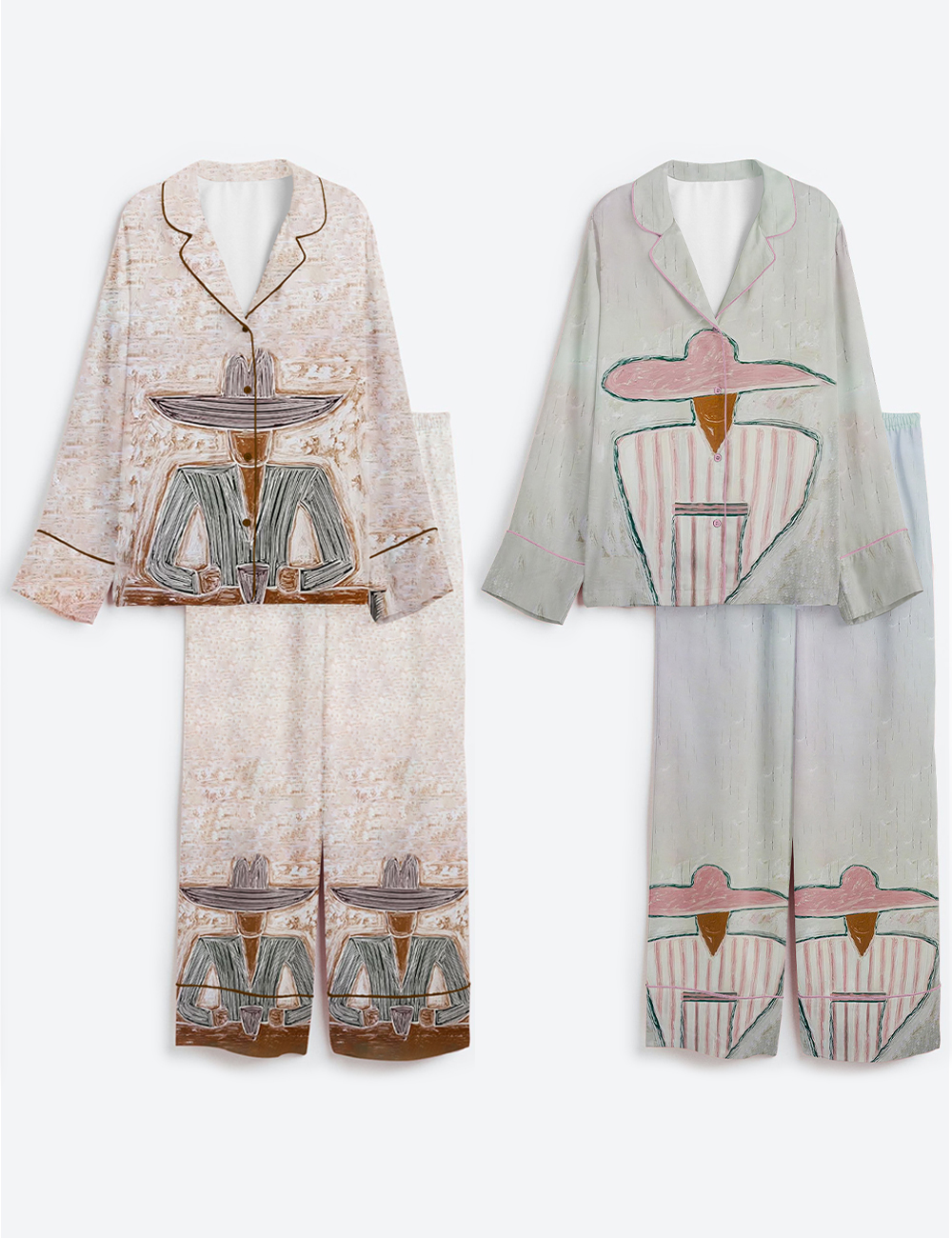 Women's Western Cowboy Abstract Man And Woman Art Modern Abstract Couple Portrait Art Long Sleeve Satin Pajama Set