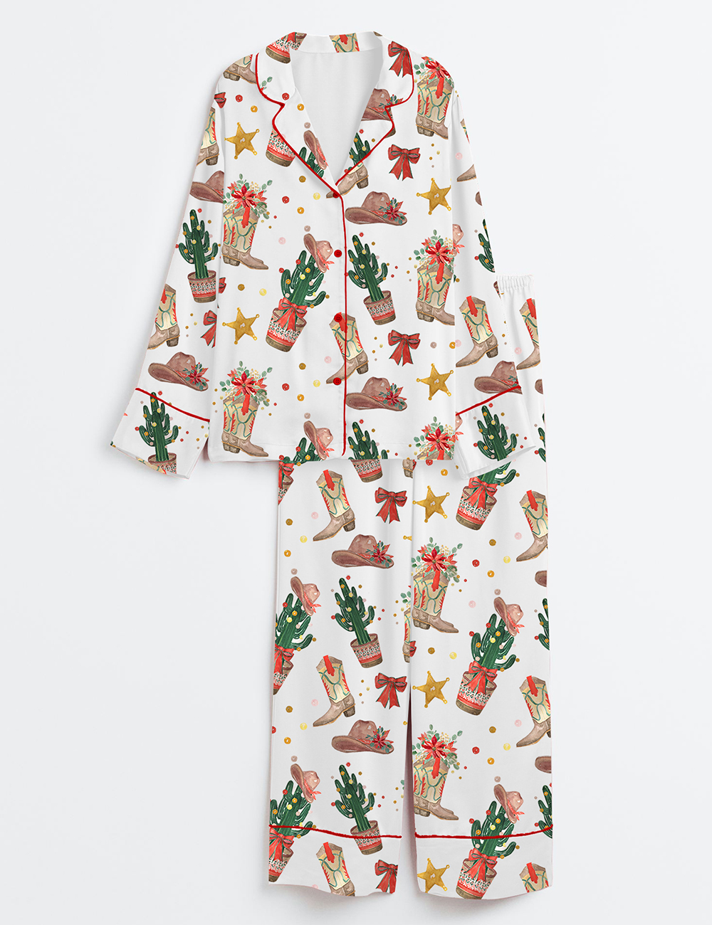 Women's Western Cowboy Boots Hat Cactus Christmas Long Sleeve Satin Pajama Set