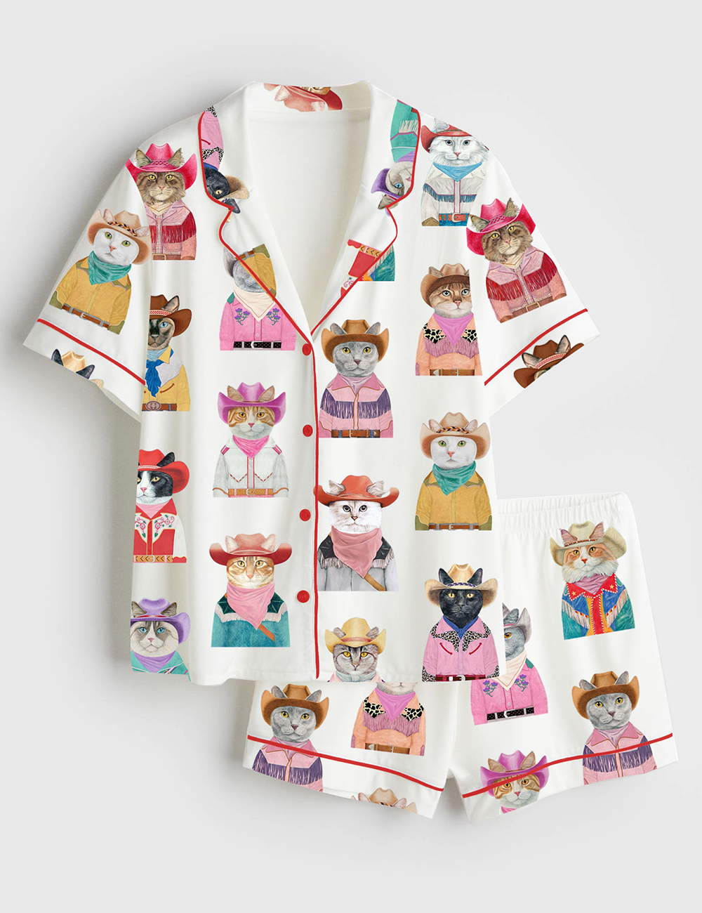 Women's Western Cowboy Cats Cat Lovers Short Sleeve Satin Pajama Set