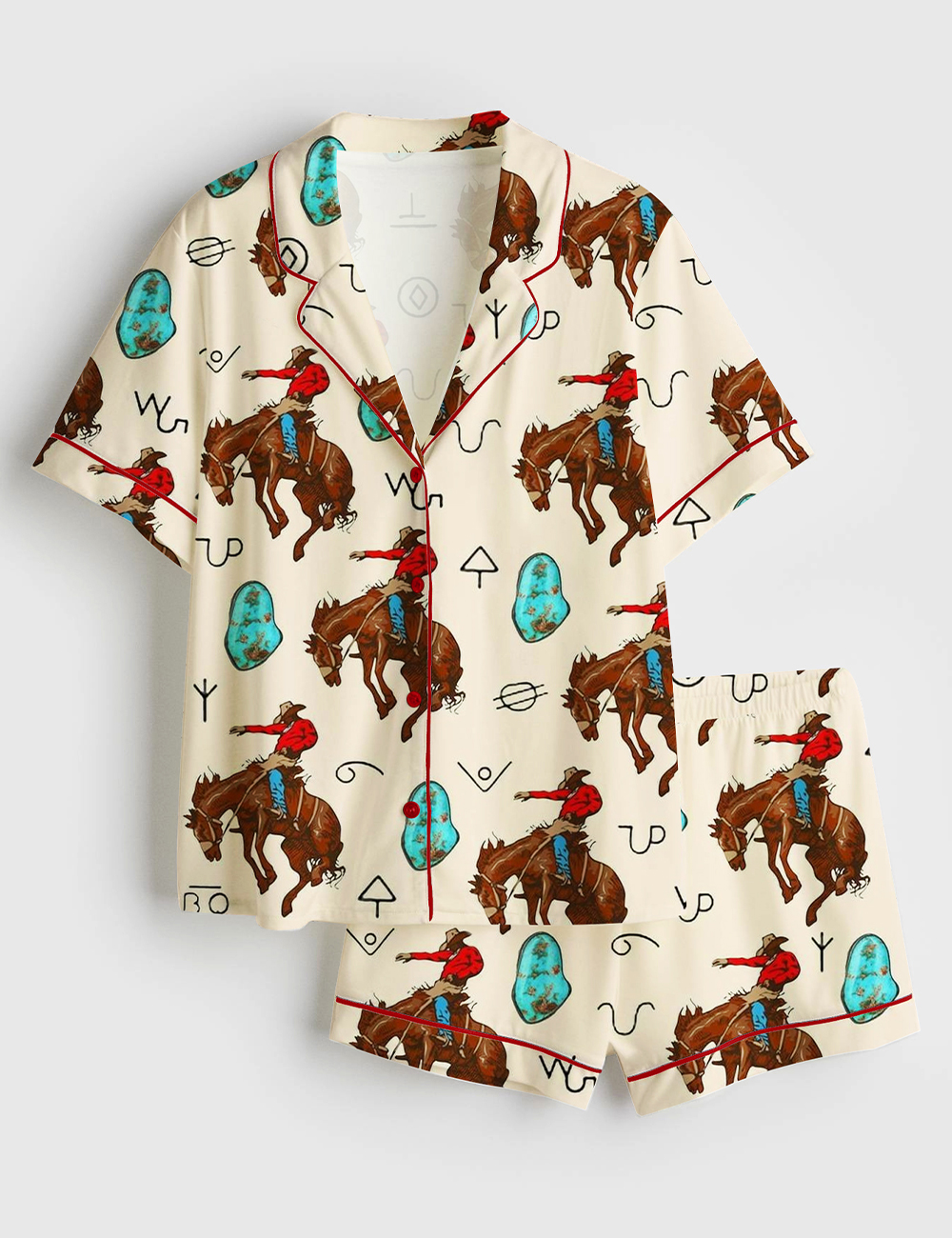 Women's Western Cowboy Cowgirl Horse Riding Short Sleeve Satin Pajama Set