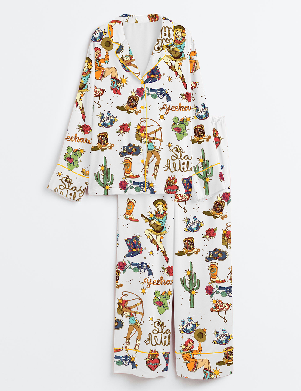 Women's Western Cowboys Yeehaw Stay Wild Long Sleeve Satin Pajama Set