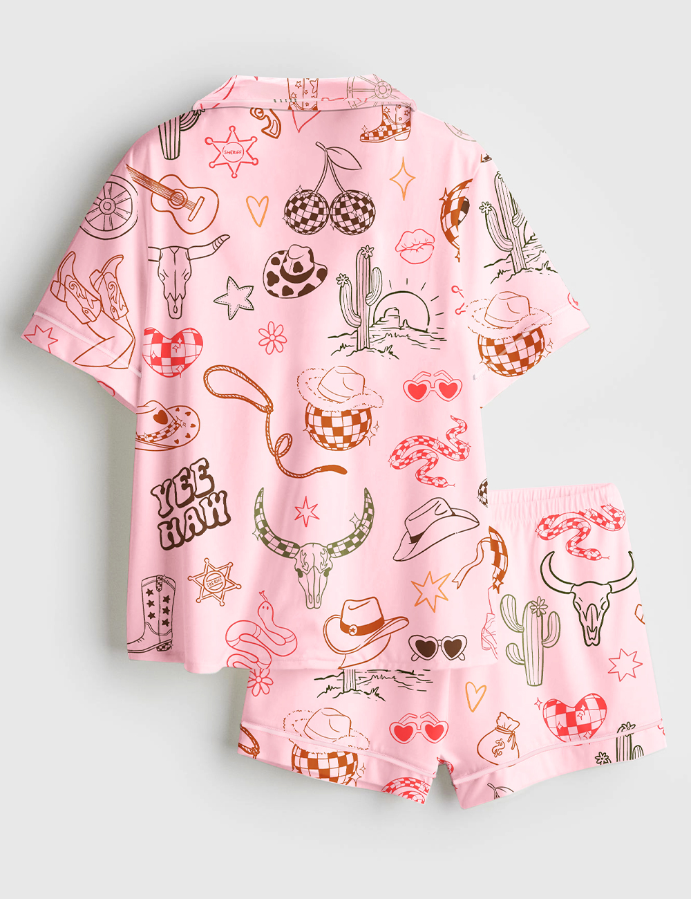 Alternative view of Women's Western Cowgirl Bachelorette Hand-Drawn Wild West Disco Print Short Sleeve Satin Pajama Set