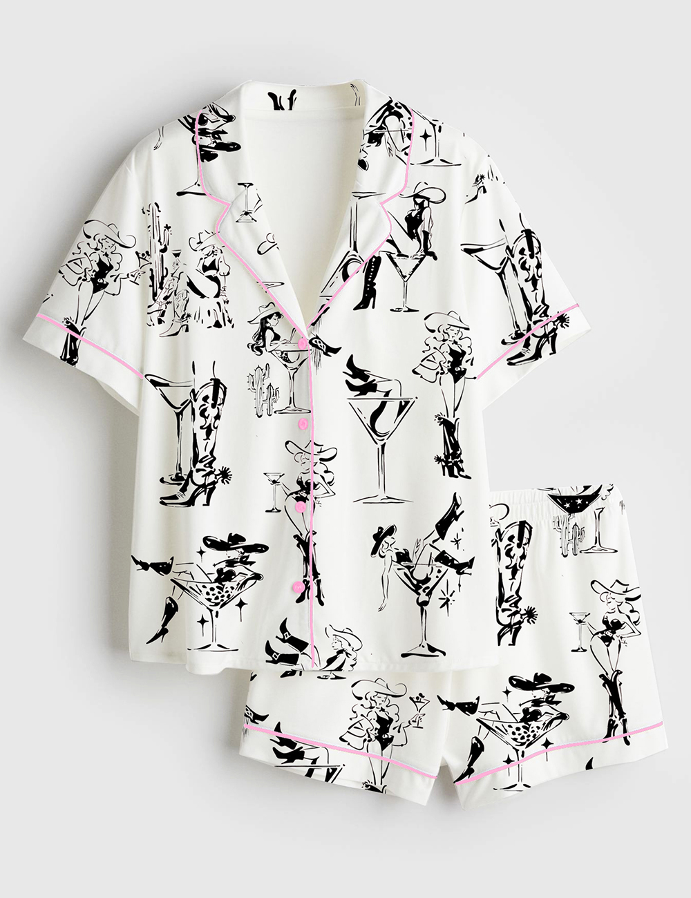 Women's Western Cowgirl Cocktail Short Sleeve Satin Pajama Set