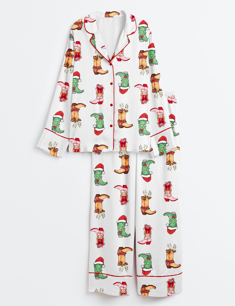 Women's Western Grinch Cowgirl Boots Christmas Long Sleeve Satin Pajama Set