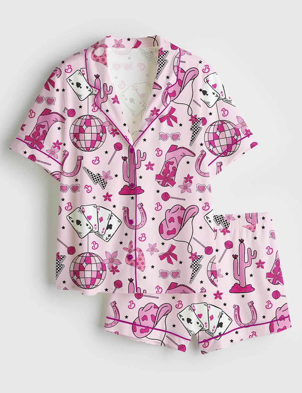 Women's Western Pink Barbie Retro Short Sleeve Satin Pajama Set