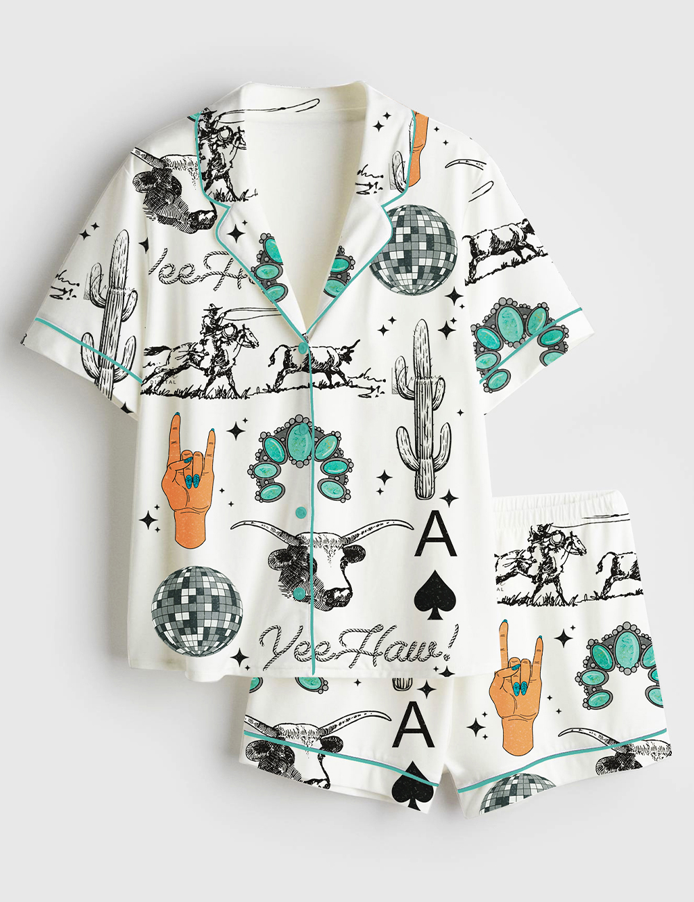 Women's Western Things Sublimation Cowgirl Spade Rodeo Western Print Short Sleeve Satin Pajama Set