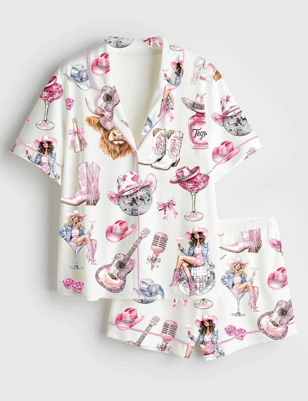 Women's WesternÂ CowgirlÂ Highland Cow Short Sleeve Satin Pajama Set