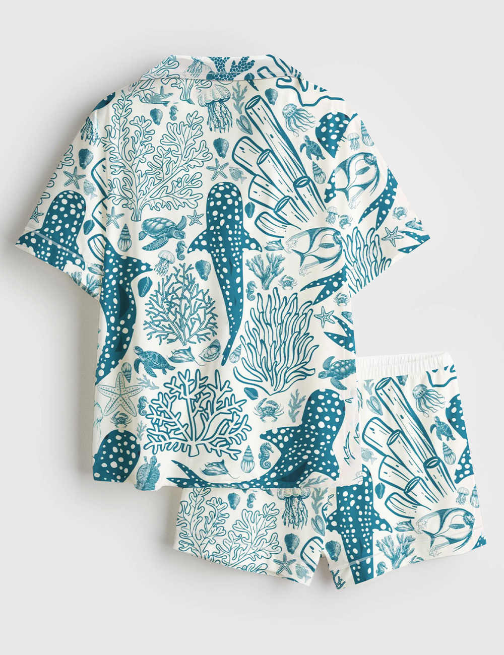 Alternative view of Women's Whale Shark Coral Reef Ocean Coastal Marine Summer Beach Vibes Print Short Sleeve Satin Pajama Set