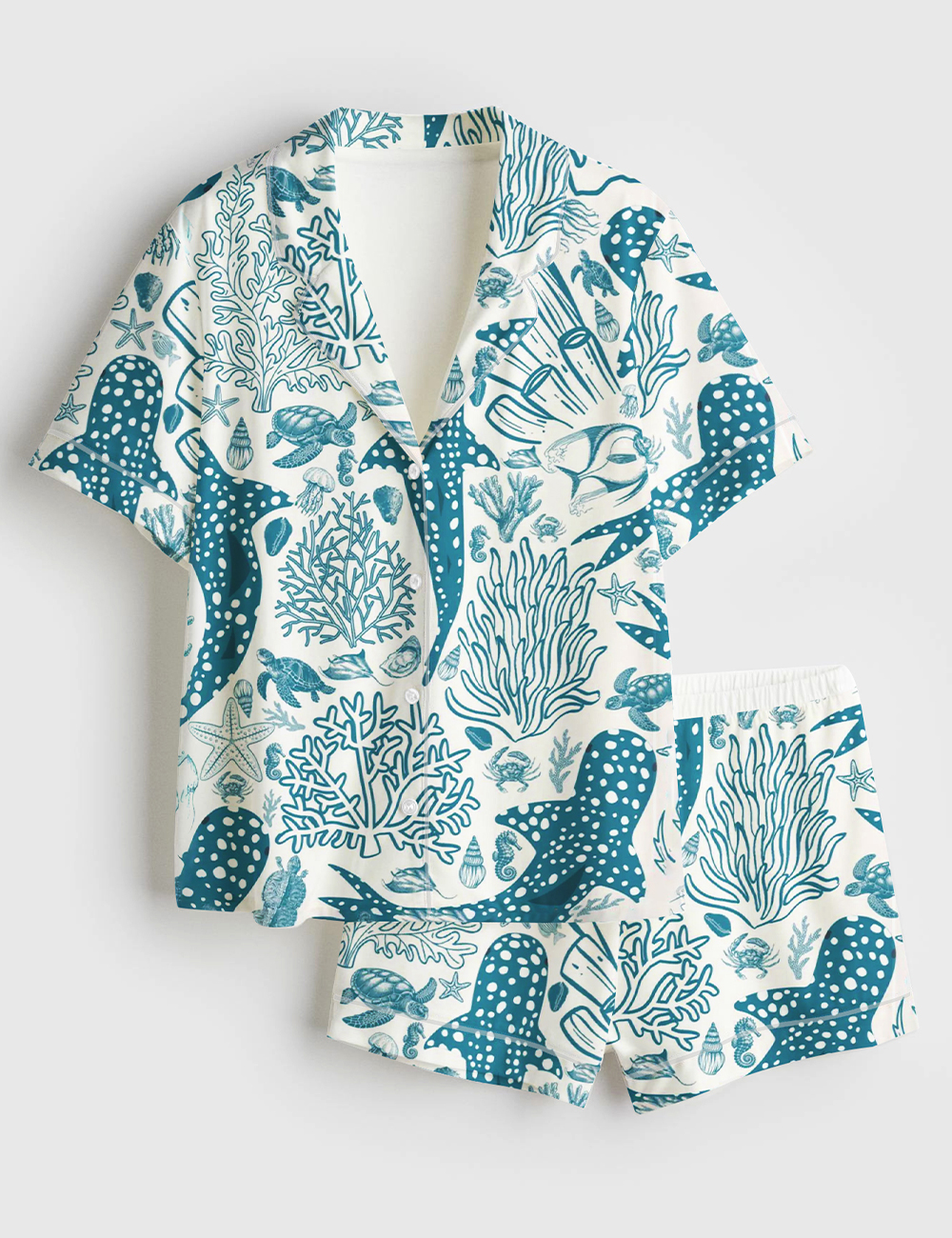 Women's Whale Shark Coral Reef Ocean Coastal Marine Summer Beach Vibes Print Short Sleeve Satin Pajama Set